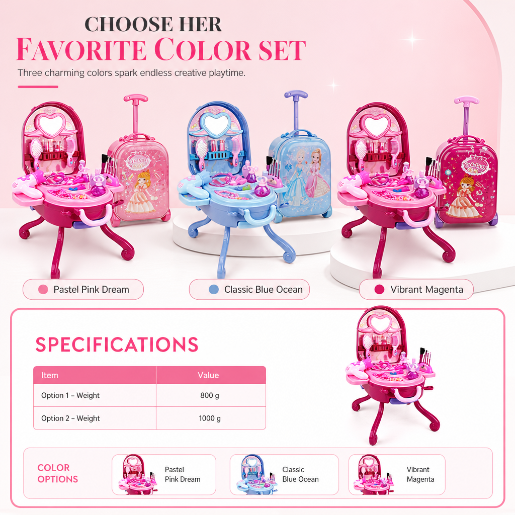 👑 ✨ 3-in-1 Princess Vanity Suitcase — 30 Makeup Toys & Rolling Trolley 🧳