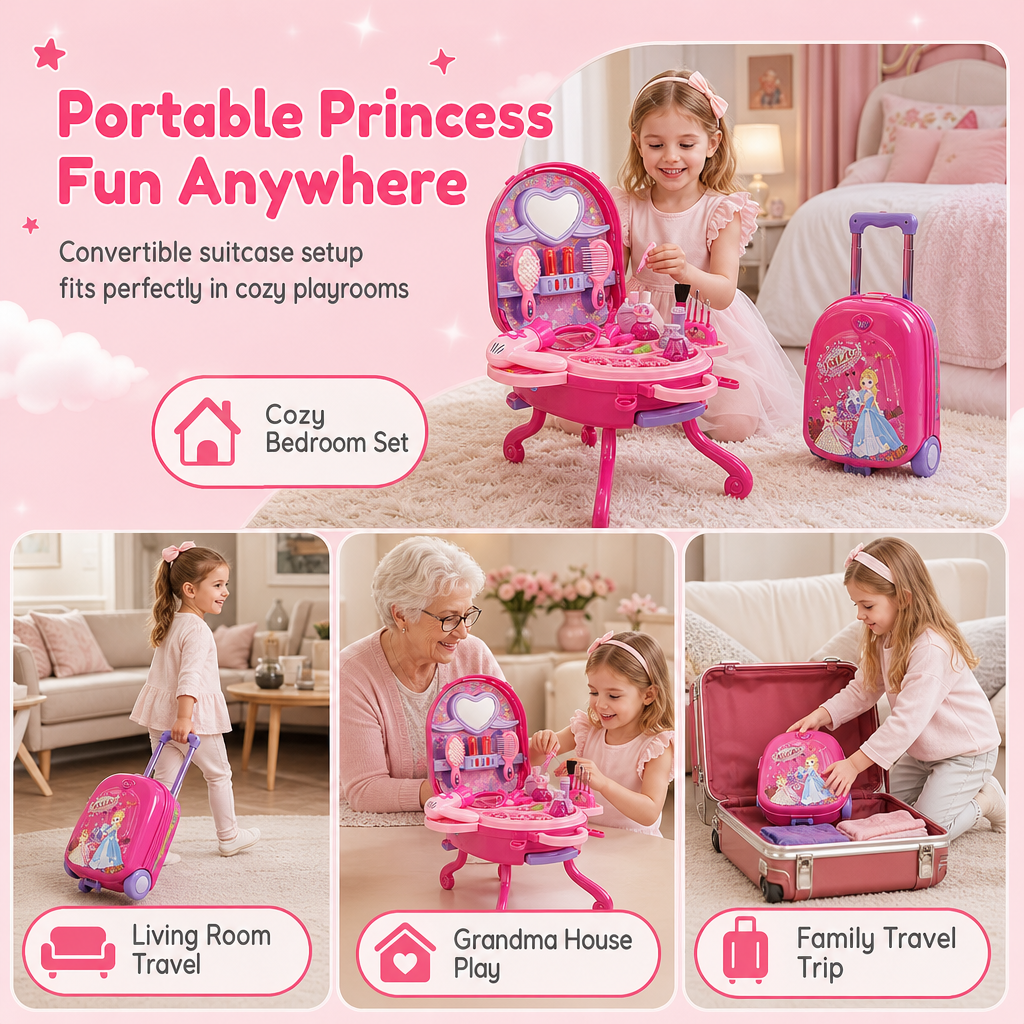 👑 ✨ 3-in-1 Princess Vanity Suitcase — 30 Makeup Toys & Rolling Trolley 🧳