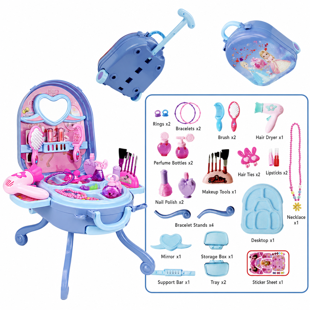 👑 ✨ 3-in-1 Princess Vanity Suitcase — 30 Makeup Toys & Rolling Trolley 🧳