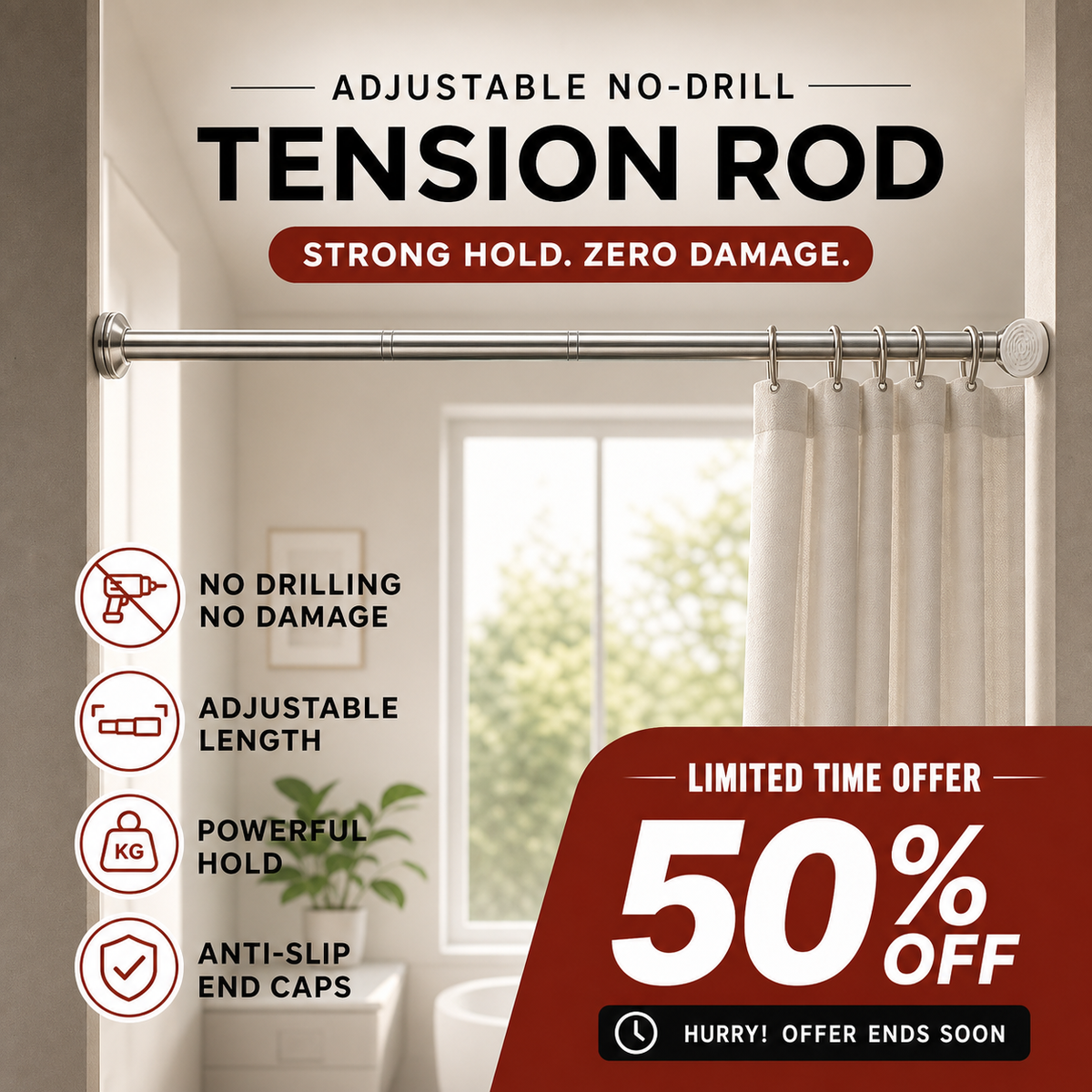 🛏️ 🔧 Adjustable No-Drill Tension Rod – Damage-Free Install, Anti-Slip & Multi-Purpose, Max 15KG Load 🏠